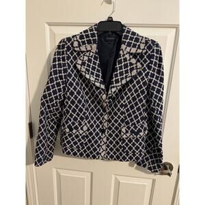 Talbot's Lined Blazer Jacket Navy White Geometric Pockets Work Size 10 Mint